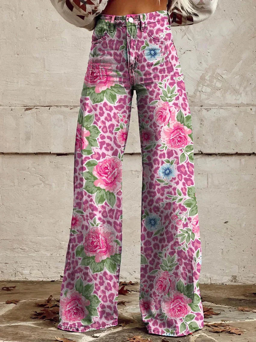 Women’s Floral Print Wide Leg Jeans | High Waist
