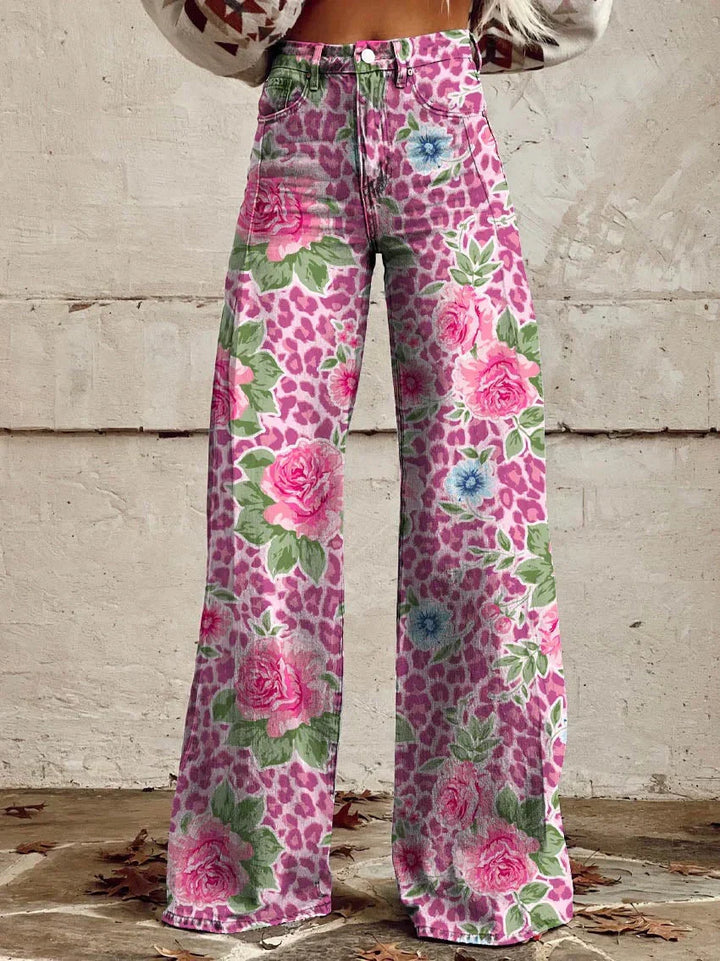 Women’s Floral Print Wide Leg Jeans | High Waist