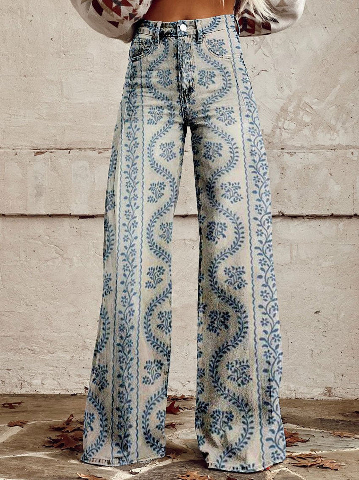 Women’s Floral Print Wide Leg Jeans | High Waist