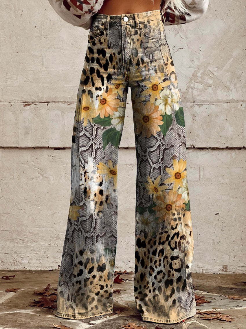 Women’s Floral Print Wide Leg Jeans | High Waist