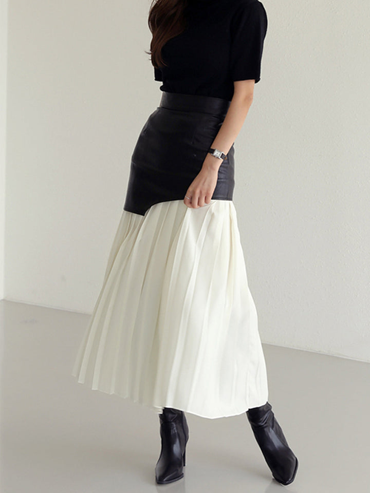 Asymmetrical Pleated Maxi Skirt | Two-Tone Contrast Design