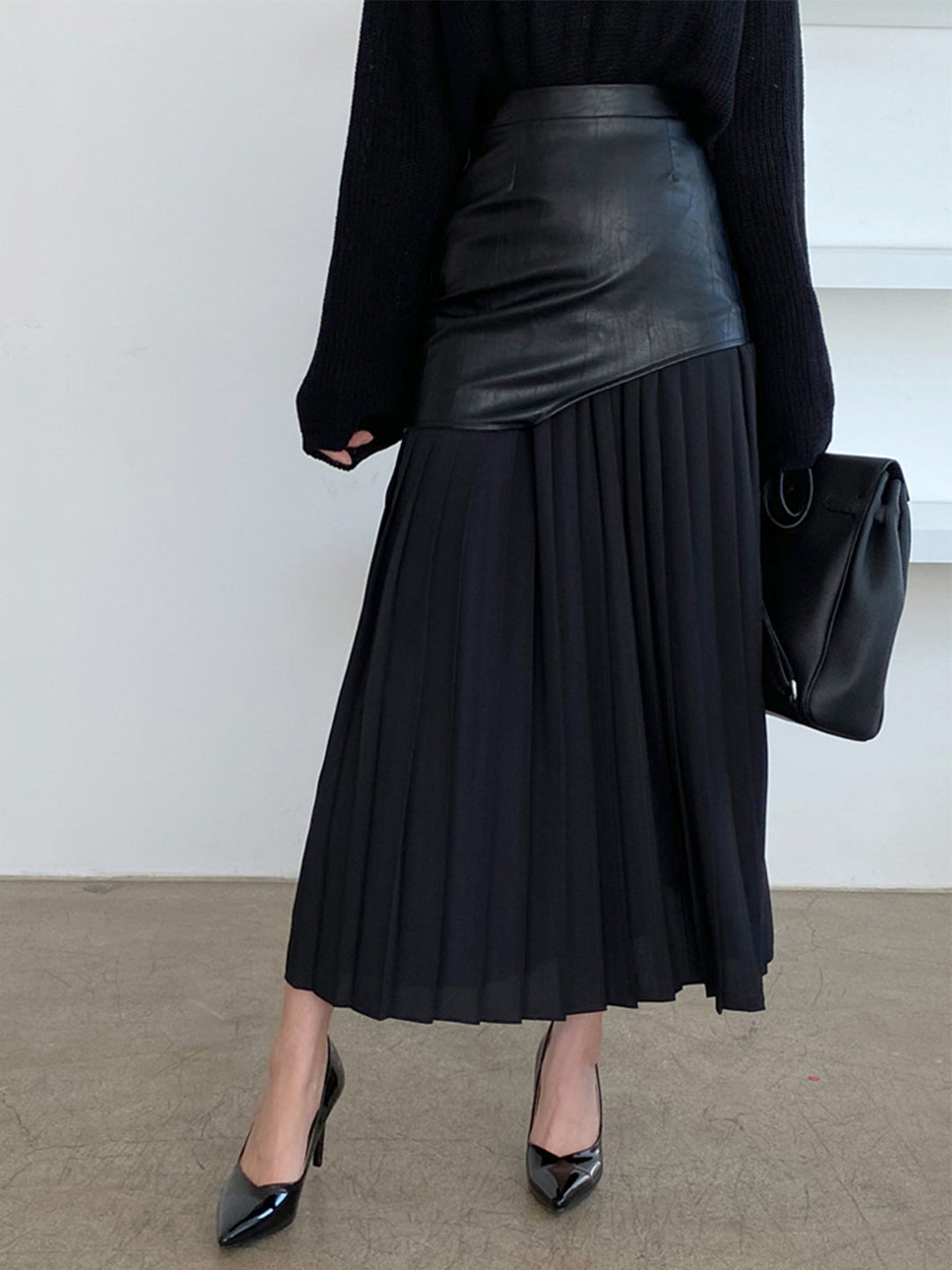 Asymmetrical Pleated Maxi Skirt | Two-Tone Contrast Design