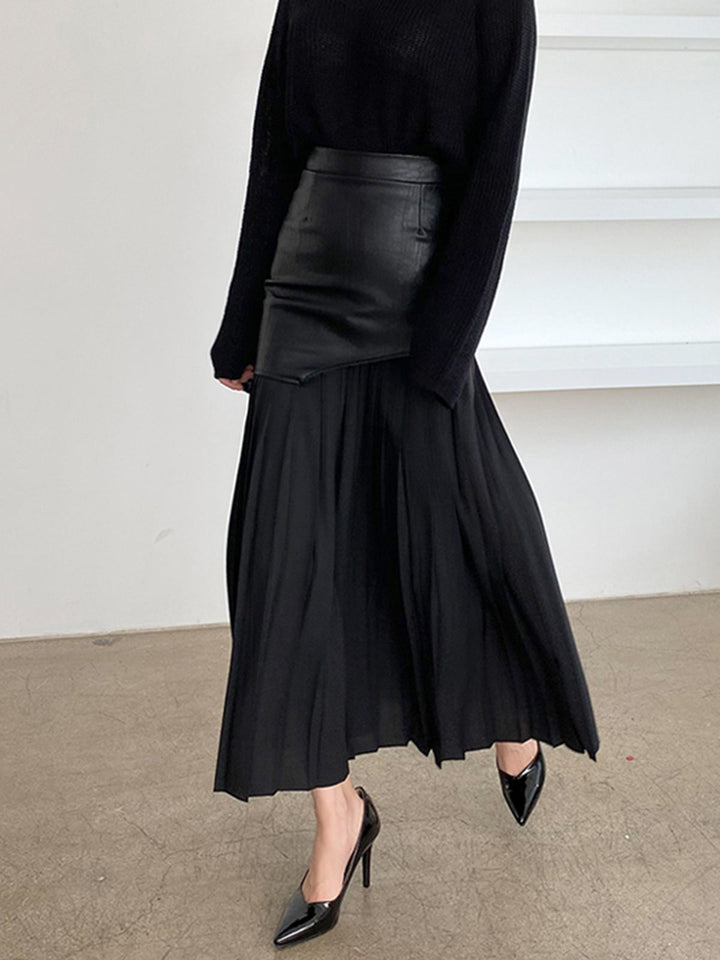 Asymmetrical Pleated Maxi Skirt | Two-Tone Contrast Design
