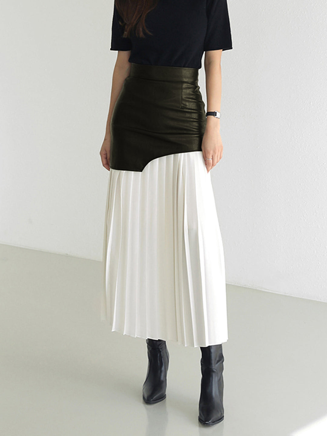 Asymmetrical Pleated Maxi Skirt | Two-Tone Contrast Design