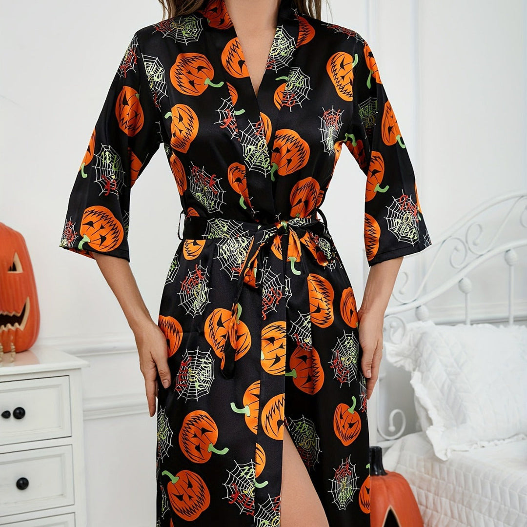 Women’s Halloween Robe | Pumpkin Print with Waist Belt