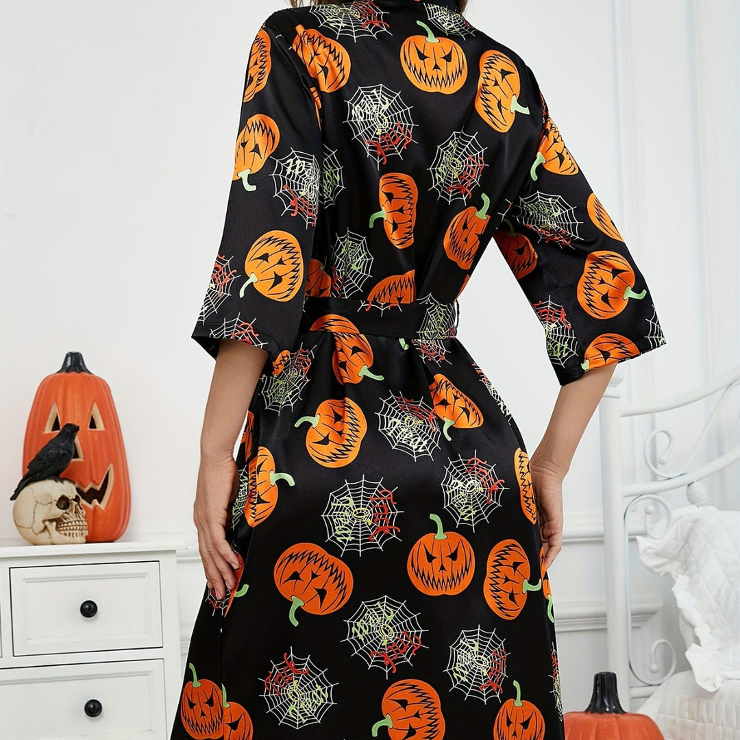 Women’s Halloween Robe | Pumpkin Print with Waist Belt