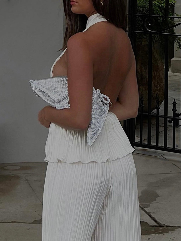 Women's Backless Pleated Two Piece Set | Wide Leg