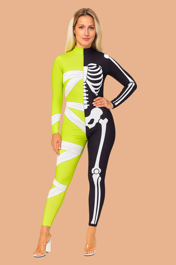 Women’s Halloween Jumpsuit | Skeleton & Mummy Print with Long Sleeves