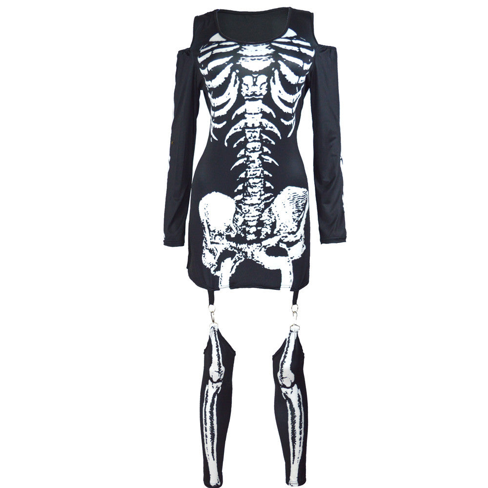 Women’s Skeleton Halloween Costume Set | Off-Shoulder Bone Print