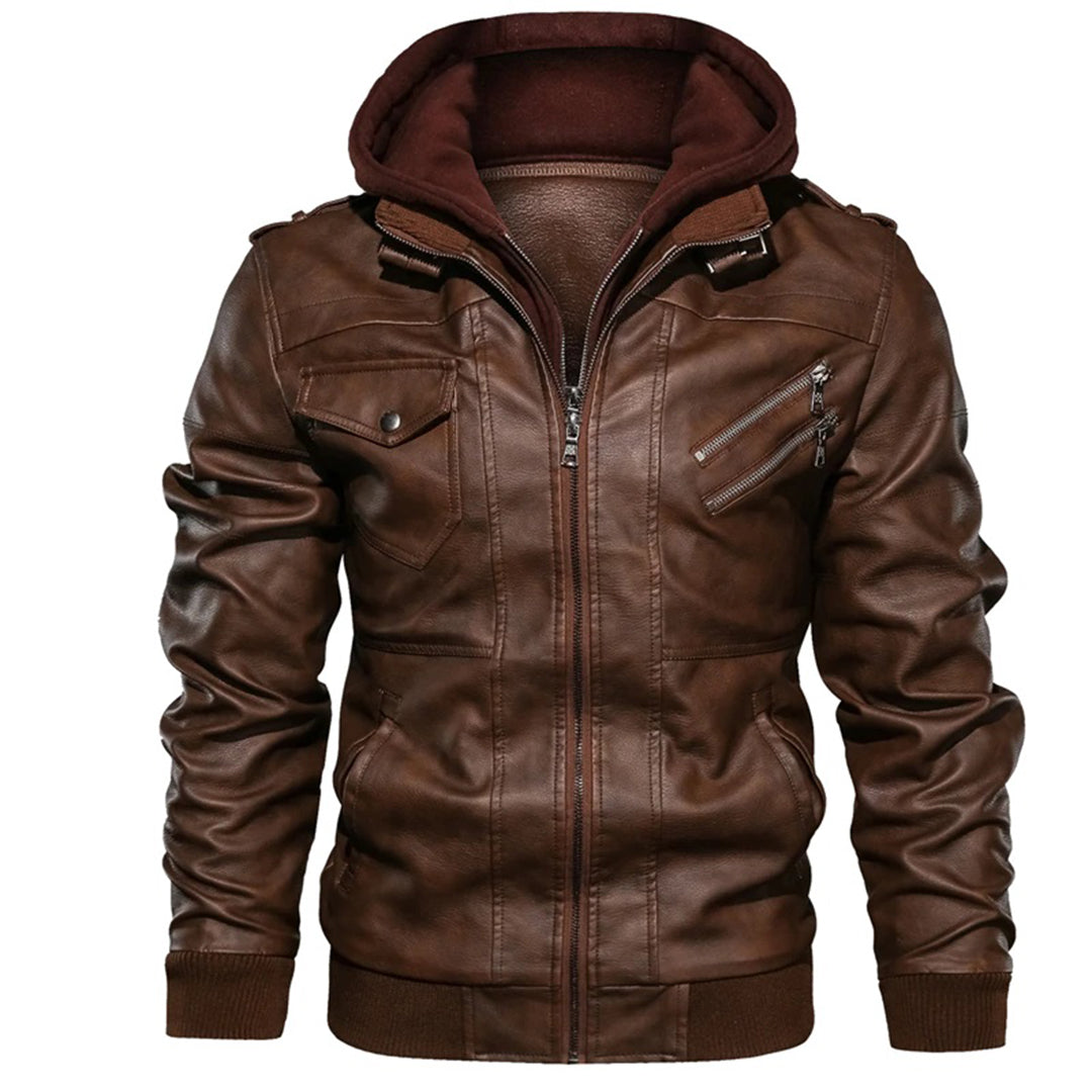 Abram - Leather jacket with hood for men