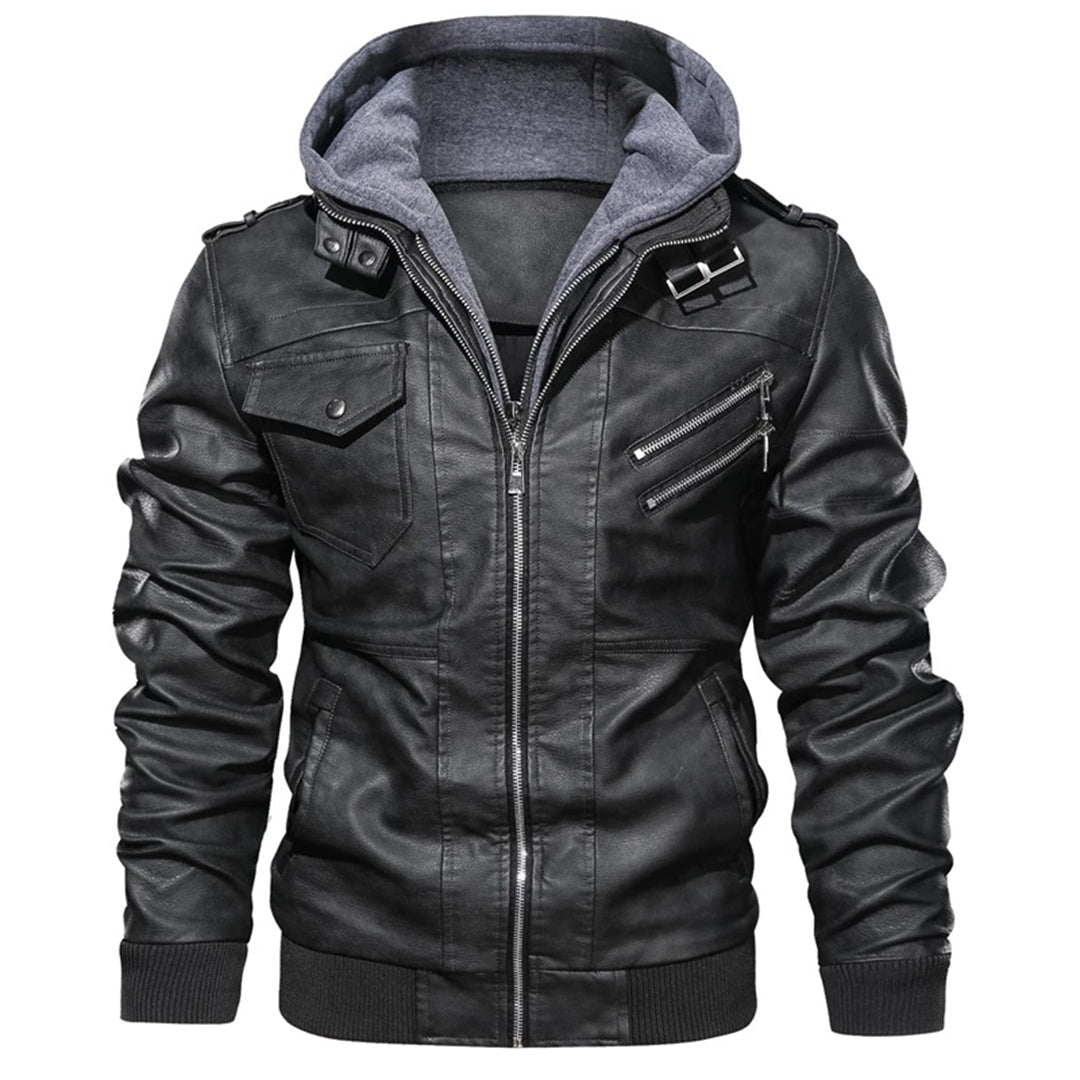 Abram - Leather jacket with hood for men