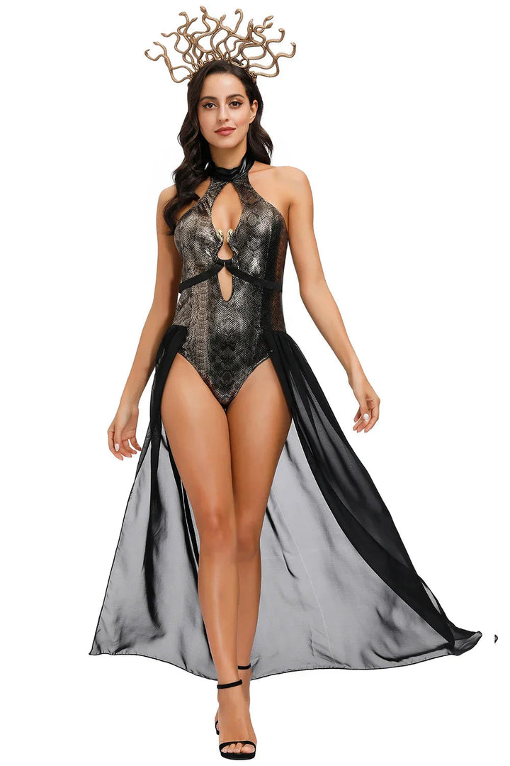 Women’s Medusa Halloween Costume | Snake Headpiece & Bodysuit with Sheer Skirt