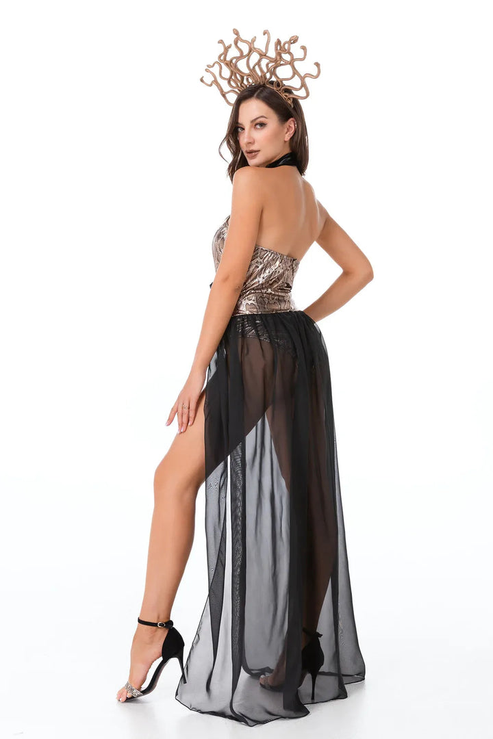 Women’s Medusa Halloween Costume | Snake Headpiece & Bodysuit with Sheer Skirt