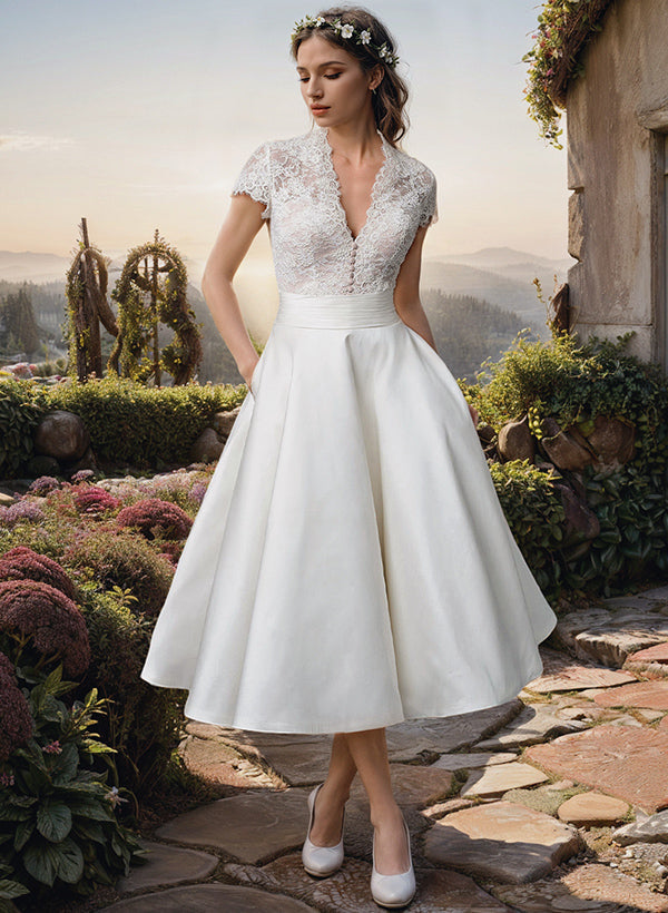 Women's V-Neck Short Sleeve Wedding Dress | Midi