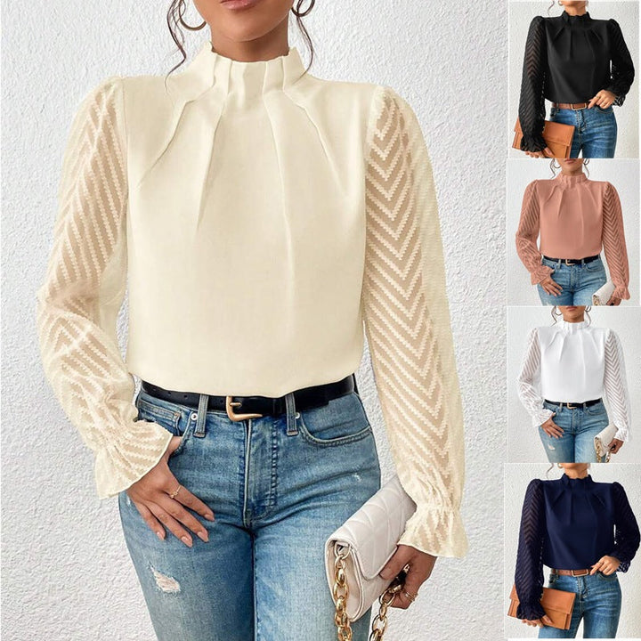 Women’s Pleated Mesh Sleeve Blouse | Flared Detail
