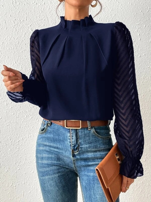 Women’s Pleated Mesh Sleeve Blouse | Flared Detail