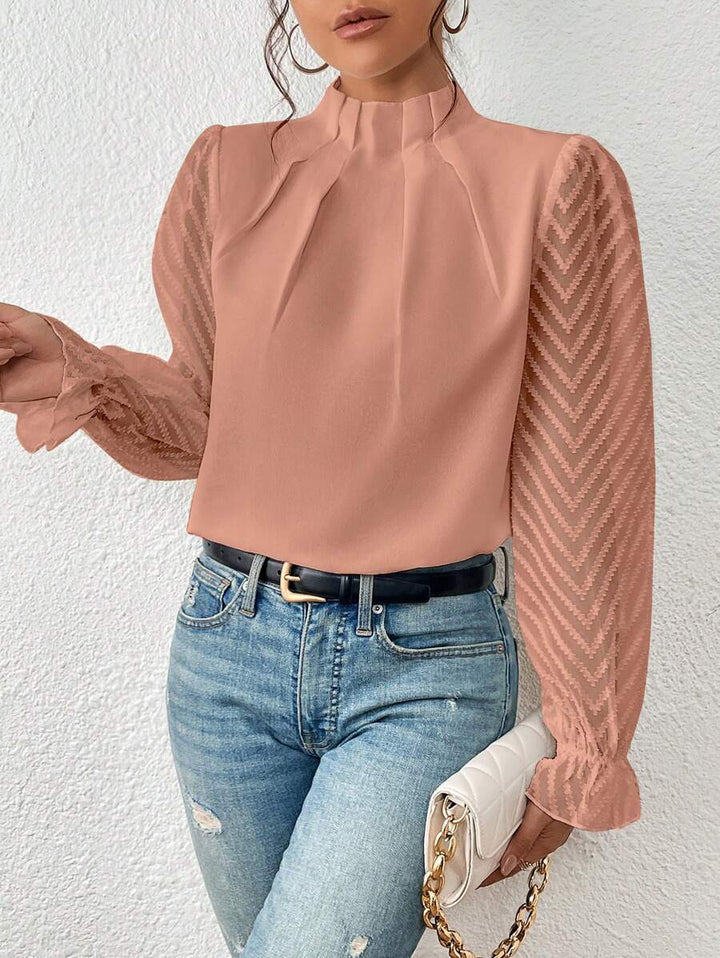 Women’s Pleated Mesh Sleeve Blouse | Flared Detail