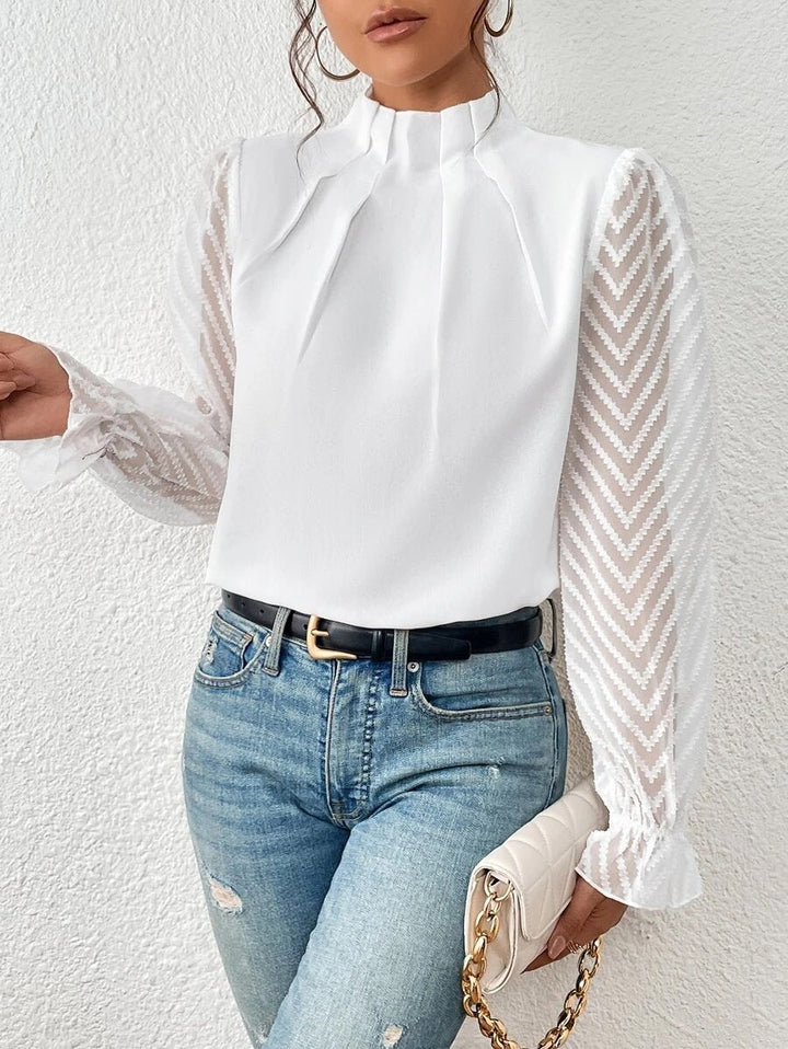 Women’s Pleated Mesh Sleeve Blouse | Flared Detail