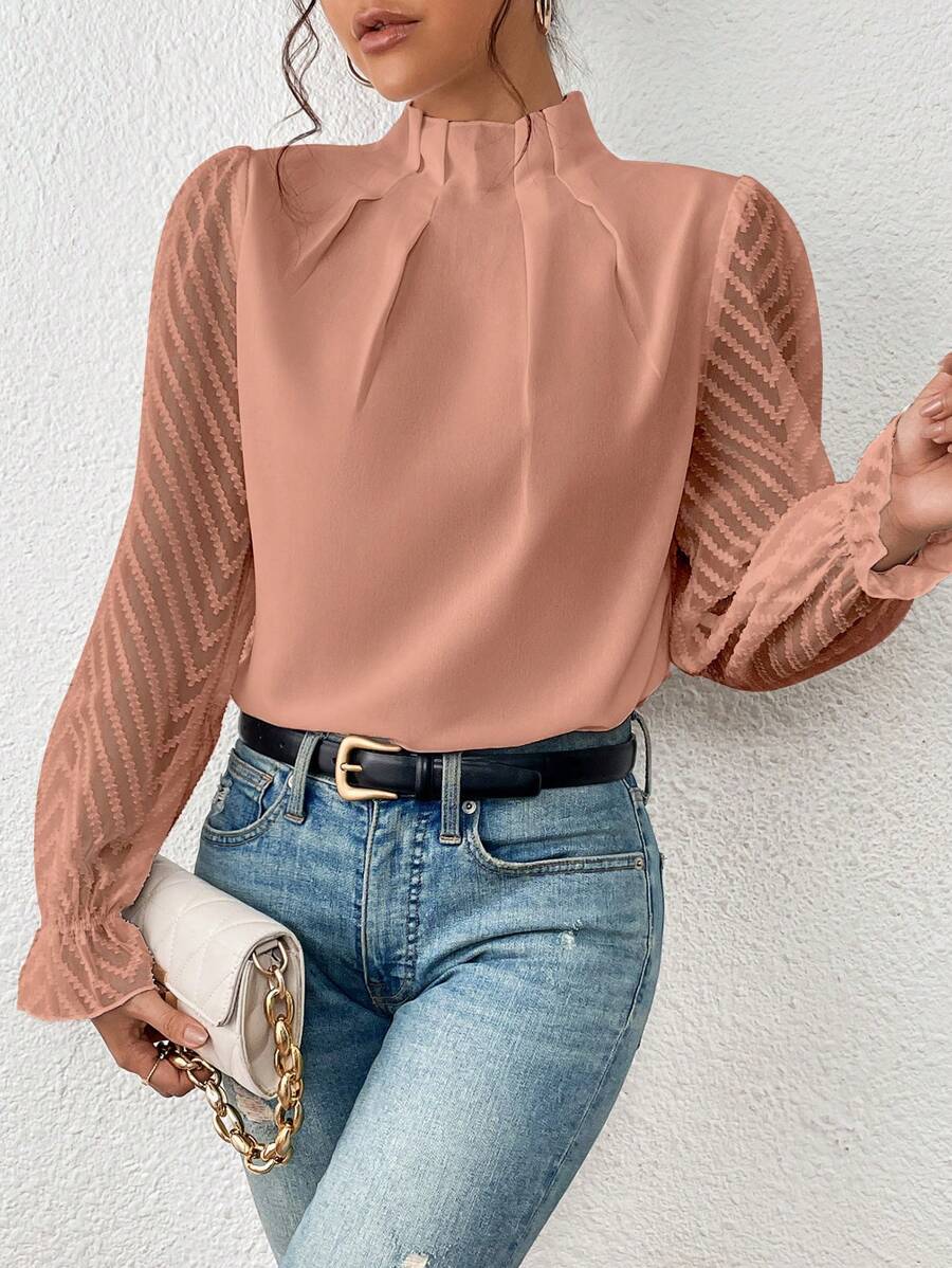 Women’s Pleated Mesh Sleeve Blouse | Flared Detail