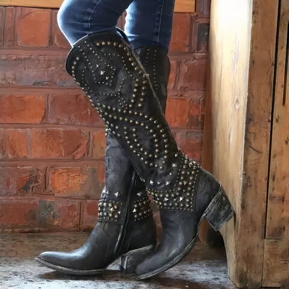 Women’s Studded Knee-High Cowboy Boots | Block Heel