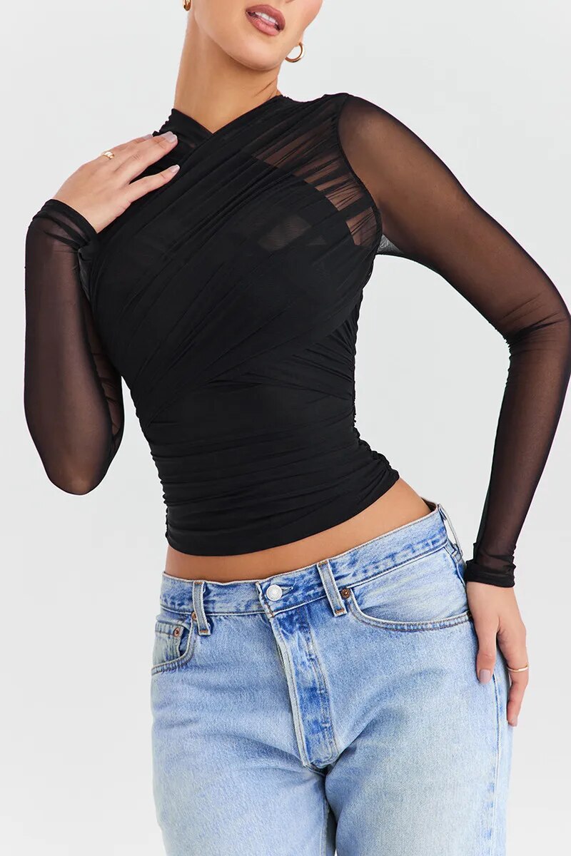 Women’s Sheer Ruched Top | Long Sleeve