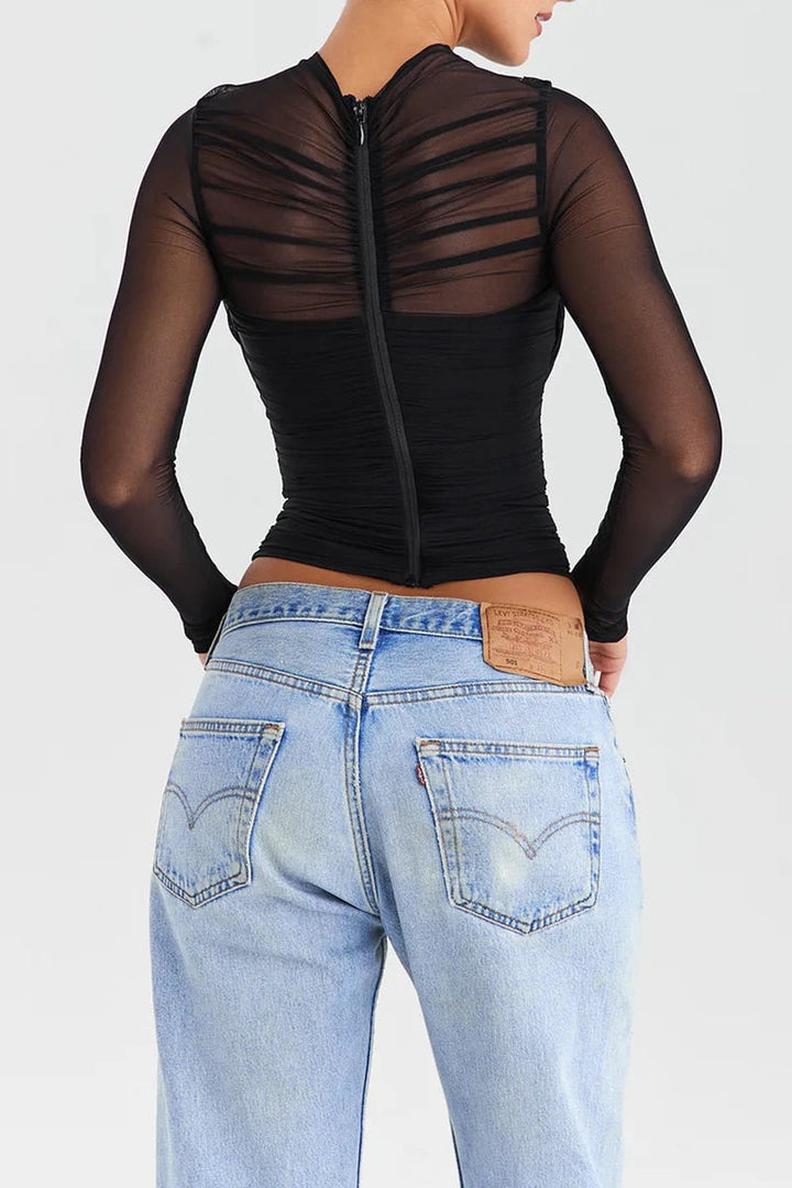 Women’s Sheer Ruched Top | Long Sleeve