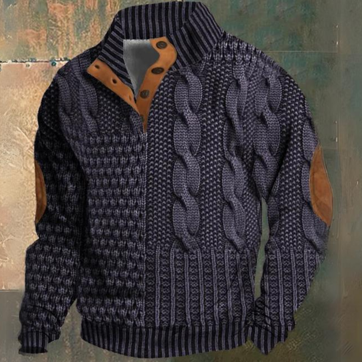Men’s Cable Knit Half Button Sweater | Elbow Patch