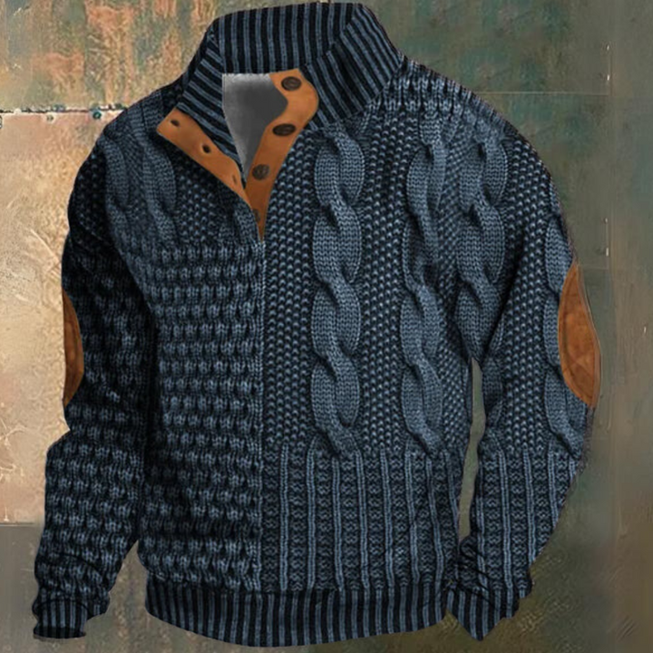 Men’s Cable Knit Half Button Sweater | Elbow Patch