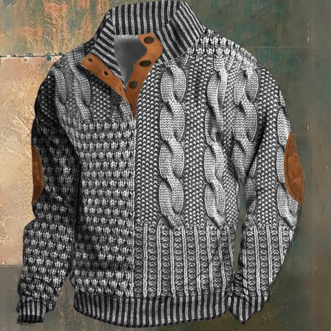 Men’s Cable Knit Half Button Sweater | Elbow Patch
