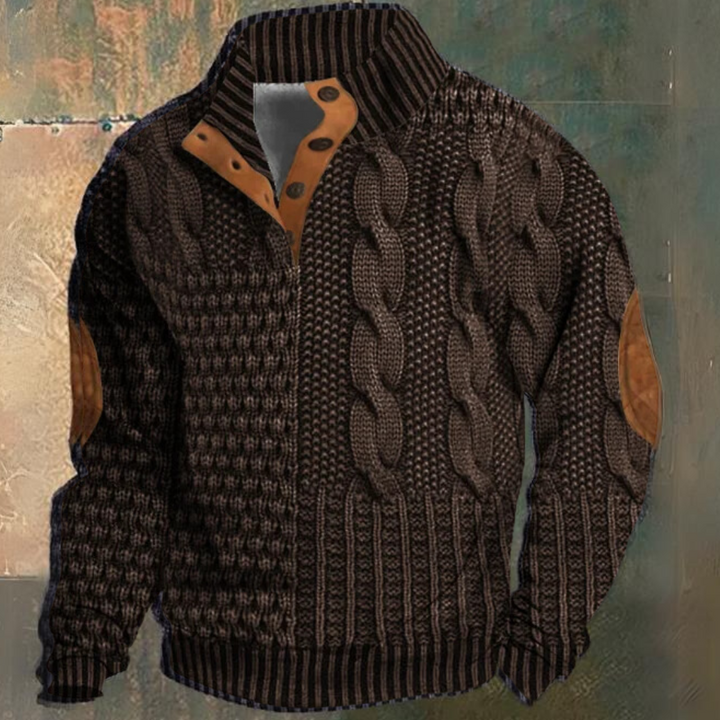 Men’s Cable Knit Half Button Sweater | Elbow Patch
