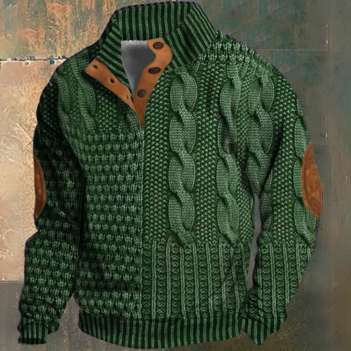 Men’s Cable Knit Half Button Sweater | Elbow Patch