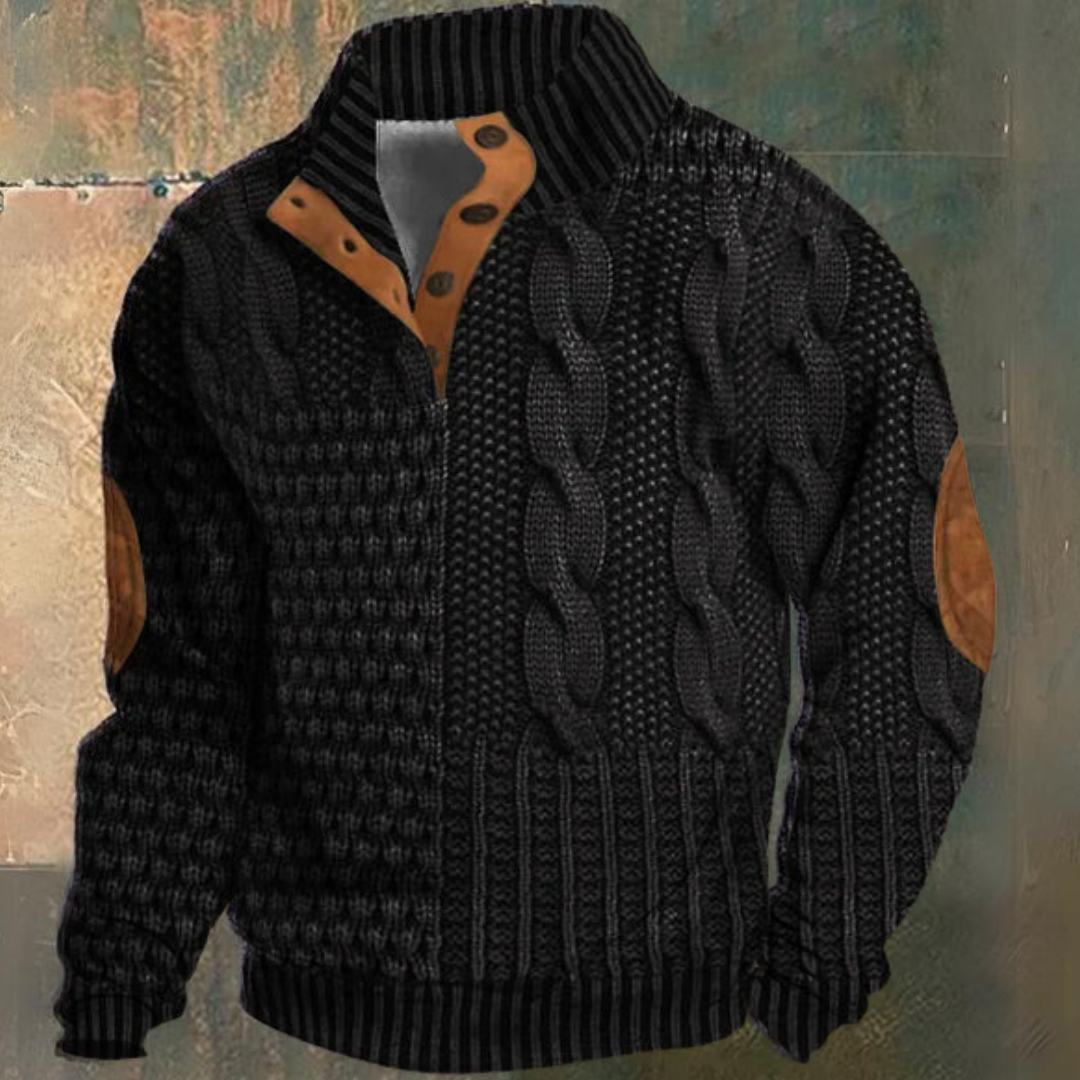 Men’s Cable Knit Half Button Sweater | Elbow Patch