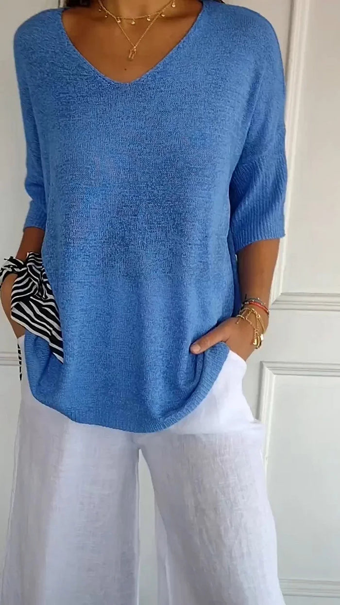 Women’s V-Neck Oversized Knit Top | Half Sleeve