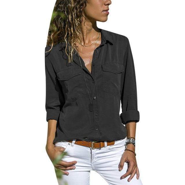 Women’s V-Neck Pocket Shirt | Long Sleeve