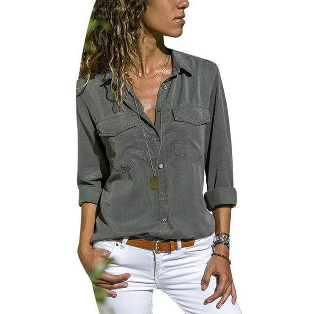 Women’s V-Neck Pocket Shirt | Long Sleeve