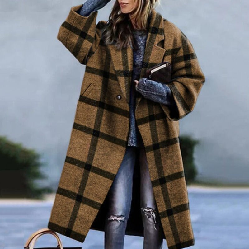 Women’s Winter Long Coat | Plaid Pattern