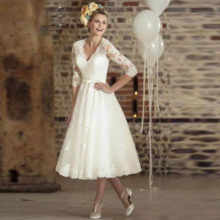 Women's Long Sleeve V-Neck Wedding Dress | Midi