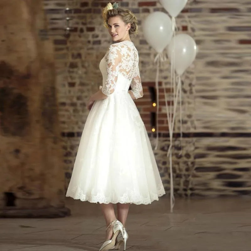Women's Long Sleeve V-Neck Wedding Dress | Midi