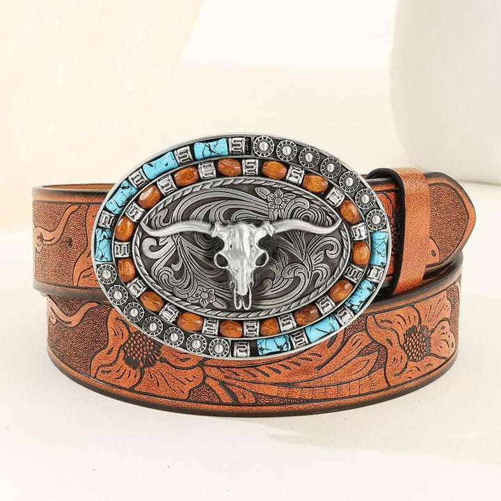 Kaison - Men's Retro Stamped Western Cowhide Leather Belt