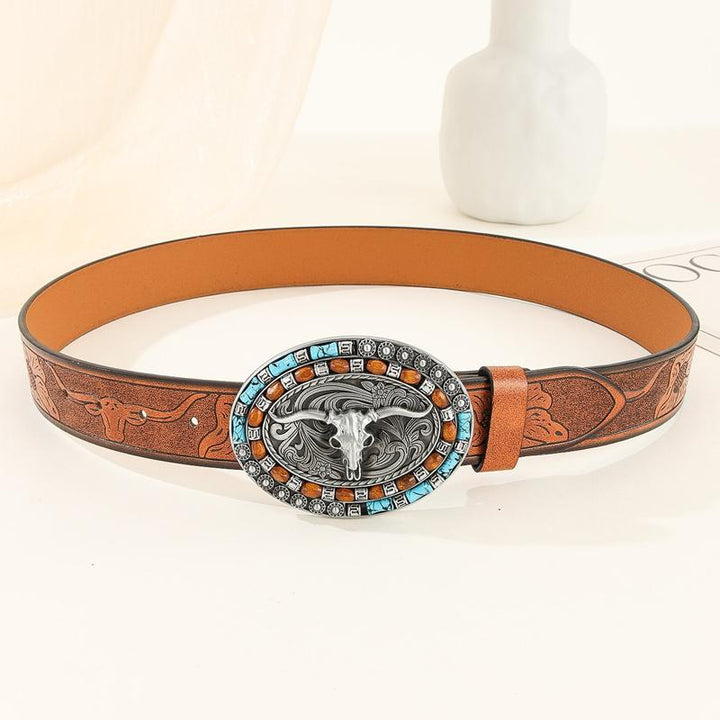 Kaison - Men's Retro Stamped Western Cowhide Leather Belt