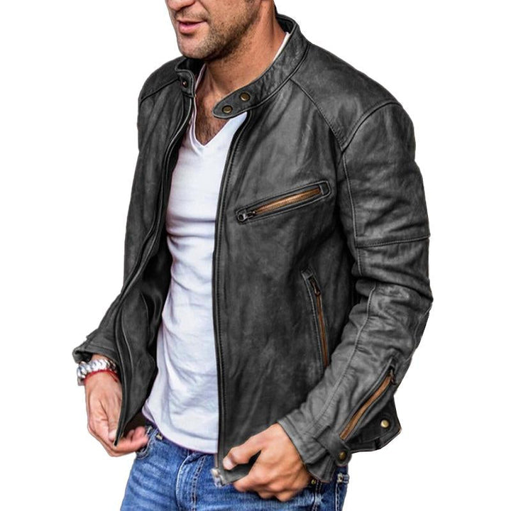 Freddie - Retro Stand-Up Collar Zipper Leather Motorcycle Jacket