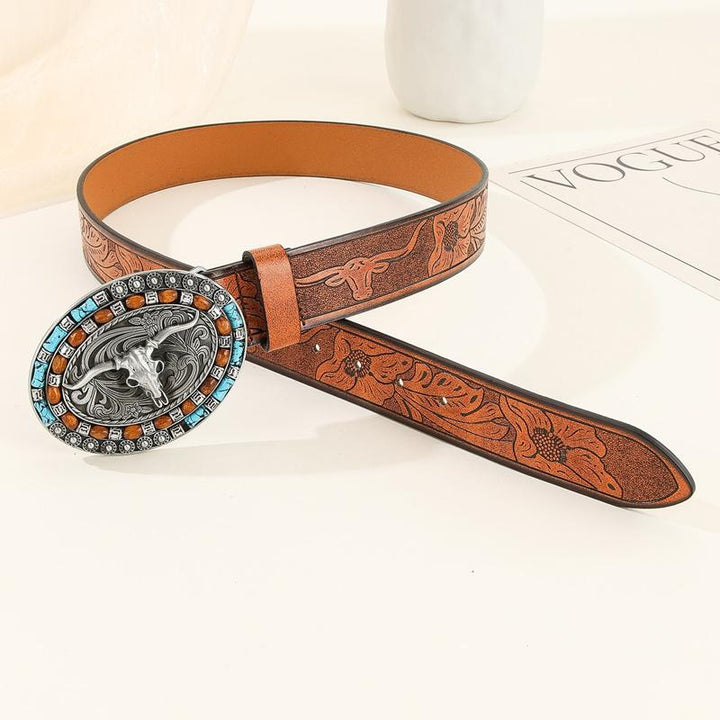 Kaison - Men's Retro Stamped Western Cowhide Leather Belt