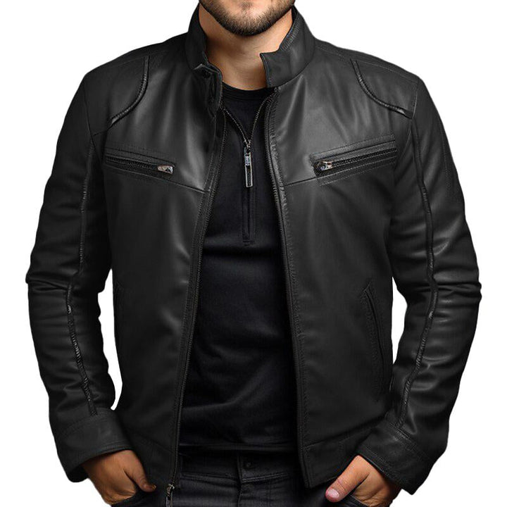 Emmanuel - Men's Retro Zippered Slim Fit Leather Jacket with Stand Collar