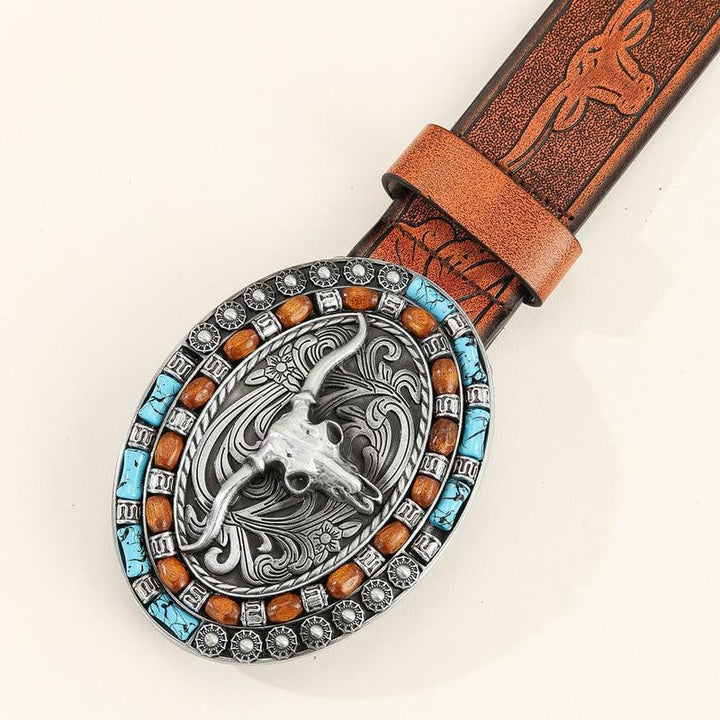 Kaison - Men's Retro Stamped Western Cowhide Leather Belt