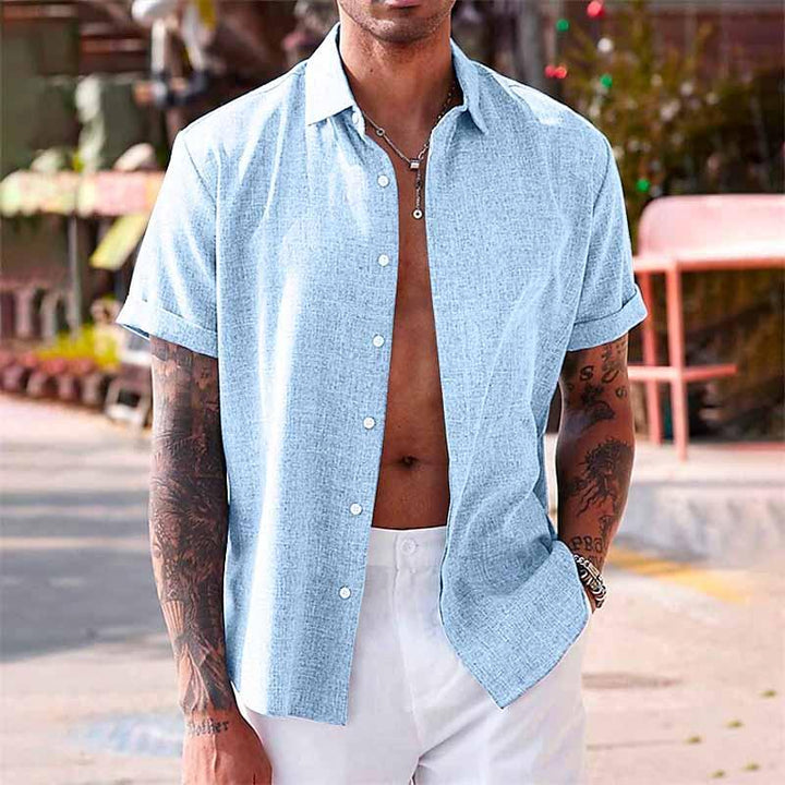 Felix - Men's Solid Color Lapel Short Sleeve Cotton Linen Shirt