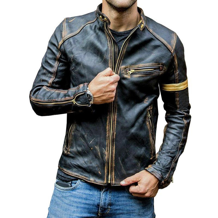 Fletcher - Men's Retro Stand-Up Collar Zip Leather Jacket