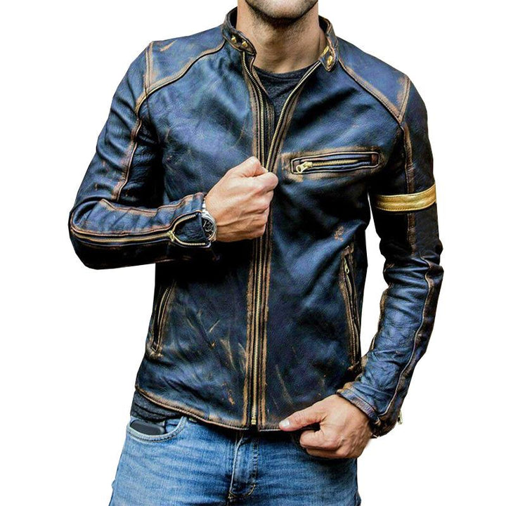 Fletcher - Men's Retro Stand-Up Collar Zip Leather Jacket