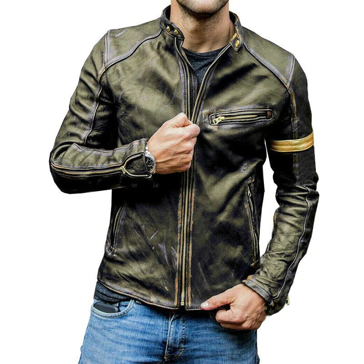 Fletcher - Men's Retro Stand-Up Collar Zip Leather Jacket