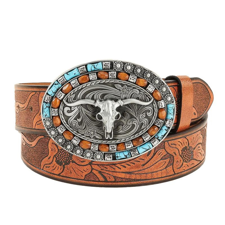 Kaison - Men's Retro Stamped Western Cowhide Leather Belt
