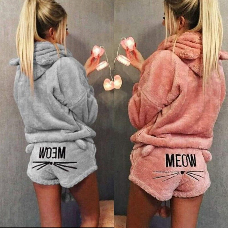 Women’s Pajama Set | Cat Print Hoodie & Shorts